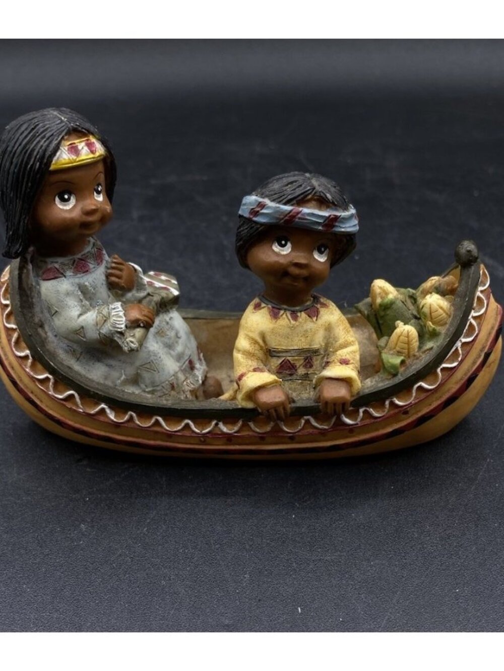 Native American Figurine Two Children In A Canoe Resin Vintage
